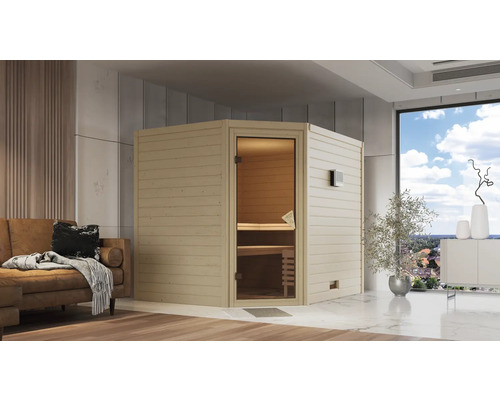 Sauna en bois massif Karibu Kanami y compris poêle 9 kW et commande intégrée et couronne avec porte entièrement vitrée coloris bronze