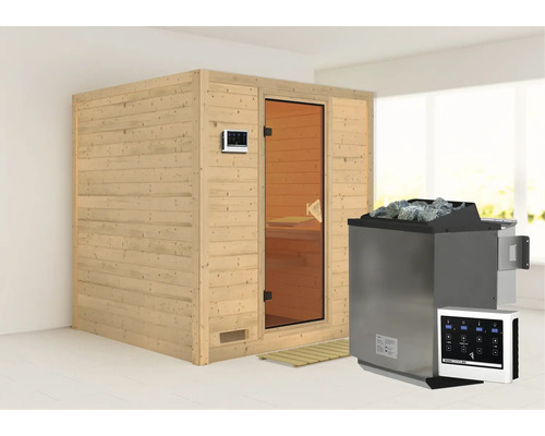 Sauna en bois massif Karibu Wojave y compris poêle bio 9 kW et commande intégrée sans couronne avec porte entièrement vitrée coloris bronze