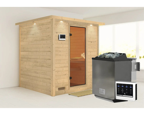 Sauna en bois massif Karibu Wojave avec poêle bio 9 kW et commande ext. avec couronne et porte en verre coloris bronze Sauna en bois massif Karibu Wojave avec poêle bio 9 kW et commande ext. avec couronne et porte en verre coloris bronze