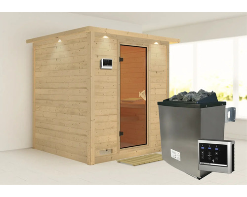 Sauna en bois massif Karibu Wojave y compris poêle 9 kW et commande intégrée avec couronne et porte entièrement vitrée coloris bronze