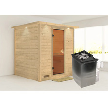 Massivholzsauna Karibu Wojave inkl. 9 kW Ofen u.integr.Steuerung mit Dachkranz und bronzierter Glastüre