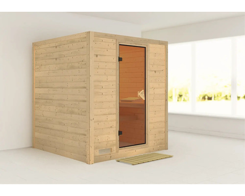 Sauna en bois massif Karibu Wojave sans poêle ni couronne avec porte entièrement vitrée coloris bronze