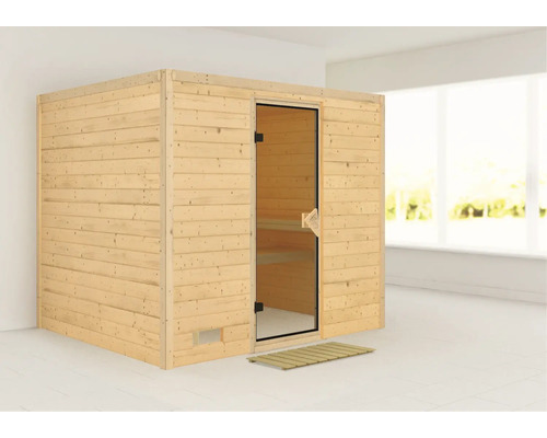 Sauna en bois massif Karibu Monara sans poêle et couronne avec porte entièrement vitrée coloris bronze