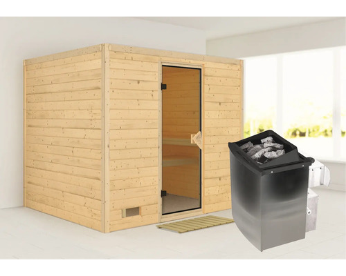 Sauna en bois massif Karibu Monara y compris poêle 9 kW et commande intégrée et couronne avec porte entièrement vitrée coloris bronze