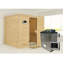 Sauna avec revêtement en bois et poêle de sauna avec pierres