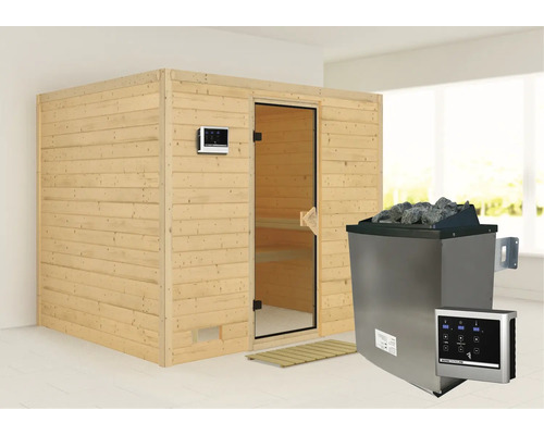 Sauna en bois massif Karibu Monara y compris poêle 9 kW et commande ext. et couronne avec porte entièrement vitrée coloris bronze