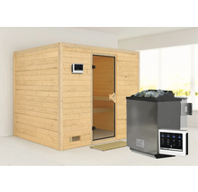 Massivholzsauna Karibu Monara inkl. 9 kW Bio Ofen u.ext.Steuerung ohne Dachkranz mit bronzierter Ganzglastüre