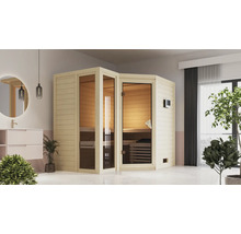 Innenraum mit einer Holzsauna mit Glastür und Fenster