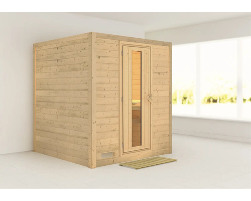 Sauna en bois massif Karibu Wojave sans poêle ni couronne, avec porte en bois et verre à isolation thermique