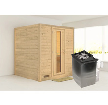 Massivholzsauna Karibu Wojave inkl. 9 kW Ofen u.integr.Steuerung ohne Dachkranz mit Holztüre und Isolierglas wärmegedämmt
