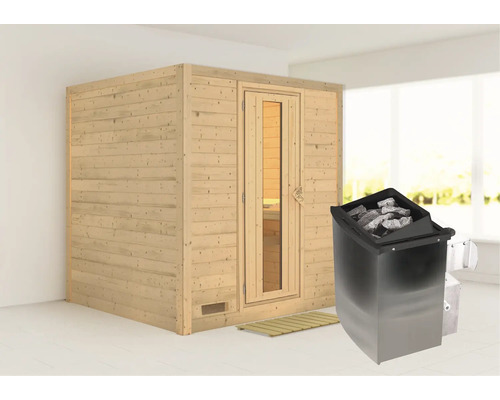 Sauna en bois massif Karibu Wojave avec poêle 9 kW et commande intégrée sans couronne avec porte en bois avec verre à isolation thermique