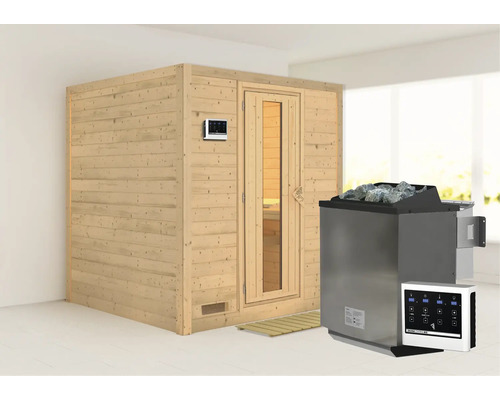 Sauna en bois massif Karibu Wojave avec poêle bio 9 kW et commande ext. sans couronne avec porte en bois avec verre à isolation thermique