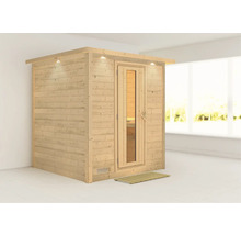 Massivholzsauna Karibu Wojave ohne Ofen mit Dachkranz und Holztüre mit Isolierglas wärmegedämmt