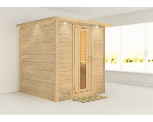 Sauna en bois massif Karibu Wojave sans poêle avec couronne et porte en bois avec verre à isolation thermique