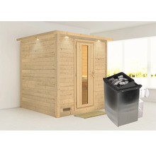 Massivholzsauna Karibu Wojave inkl. 9 kW Ofen u.integr.Steuerung mit Dachkranz und Holztüre mit Isolierglas wärmegedämmt