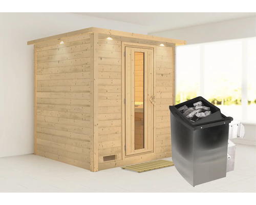 Sauna en bois massif Karibu Wojave avec poêle 9 kW et commande intégrée avec couronne et porte en bois avec verre à isolation thermique