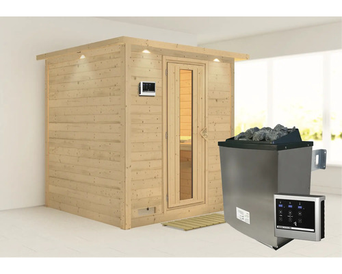 Sauna en bois massif Karibu Wojave avec poêle 9 kW et commande ext. avec couronne et porte en bois avec verre à isolation thermique