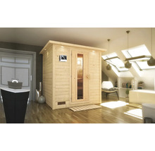 Massivholzsauna Karibu Wojave inkl. 9 kW Bio Ofen u.ext.Steuerung mit Dachkranz und Holztüre mit Isolierglas wärmegedämmt