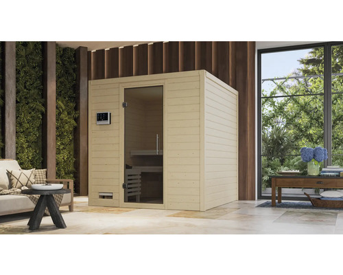 Sauna en bois massif Karibu Wojave avec poêle 9 et commande intégrée, sans couronne, avec porte entièrement vitrée coloris graphite