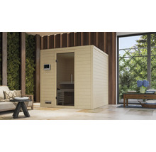 Massivholzsauna Karibu Wojave inkl. 9 kW Bio Ofen u.ext.Steuerung ohne Dachkranz mit graphitfarbeneer Ganzglastüre