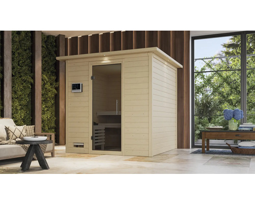 Sauna en bois massif Karibu Wojave sans poêle, avec frise de toit et porte entièrement vitrée coloris graphite