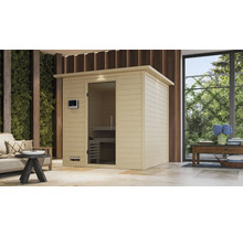 Massivholzsauna Karibu Wojave inkl. 9 kW Bio Ofen u.ext.Steuerung mit Dachkranz und graphitfarbeneer Ganzglastüre