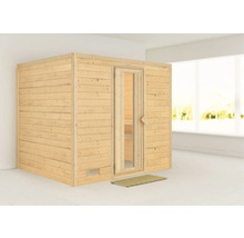 Massivholzsauna Karibu Monara ohne Ofen und Dachkranz mit Holztüre und Isolierglas wärmegedämmt