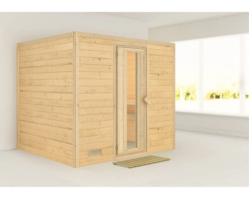 Sauna en bois massif Karibu Monara sans poêle ni couronne, avec porte en bois et verre à isolation thermique