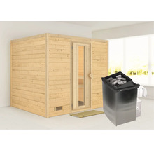 Massivholzsauna Karibu Monara inkl. 9 kW Ofen u.integr.Steuerung ohne Dachkranz mit Holztüre und Isolierglas wärmegedämt