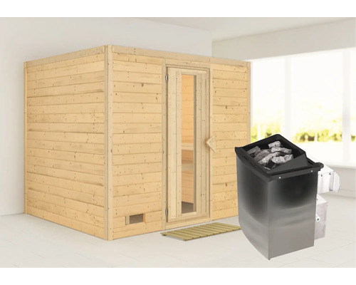 Sauna en bois massif Karibu Monara, avec poêle 9 kW et commande intégrée sans couronne, avec porte en bois et verre à isolation thermique