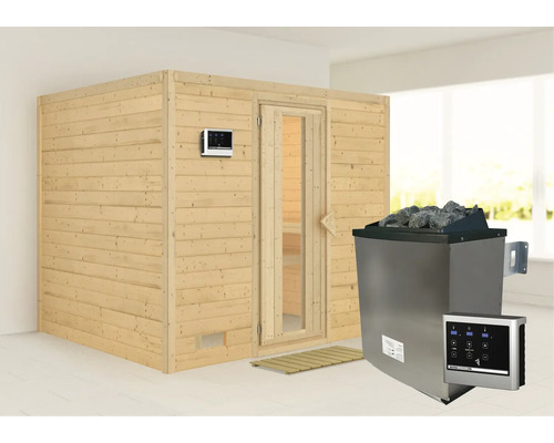 Sauna en bois massif Karibu Monara avec poêle 9 kW et commande externe, sans couronne, avec porte en bois avec verre à isolation thermique