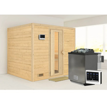 Massivholzsauna Karibu Monara inkl. 9 kW Bio Ofen u.ext.Steuerung ohne Dachkranz mit Holztüre und Isolierglas wärmegedämmt