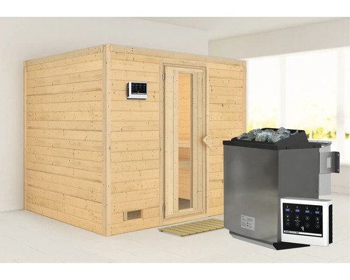 Sauna en bois massif Karibu Monara avec poêle bio 9 kW et commande externe, sans couronne, avec porte en bois avec verre à isolation thermique