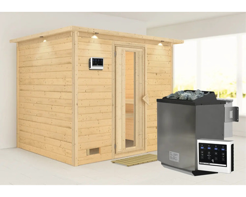 Sauna en bois massif Karibu Coral avec poêle bio 9 kW et commande externe, couronne et porte en bois et verre isolant thermique