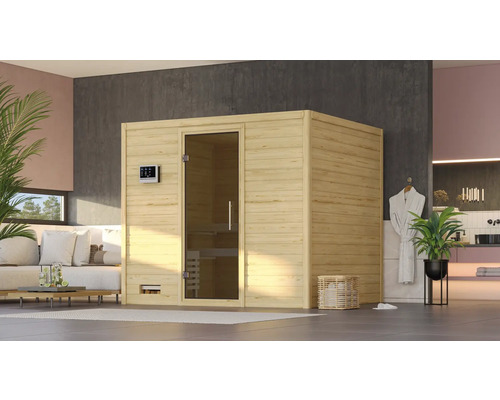 Sauna en bois massif Karibu Monara sans poêle ni couronne, avec porte entièrement vitrée coloris graphite