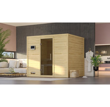 Massivholzsauna Karibu Monara inkl. 9 kW Bio Ofen u.ext.Steuerung ohne Dachkranz mit graphitfarbeneer Ganzglastüre