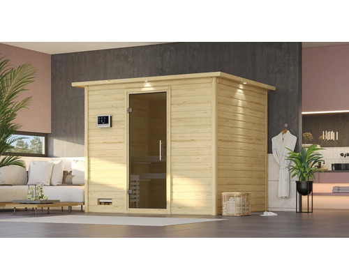 Sauna en bois massif Karibu Coral II avec poêle 9 kW et commande intégrée, avec couronne et porte entièrement vitrée coloris graphite