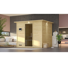 Massivholzsauna Karibu Coral inkl. 9 kW Bio Ofen u.ext.Steuerung mit Dachkranz und graphitfarbeneer Ganzglastür