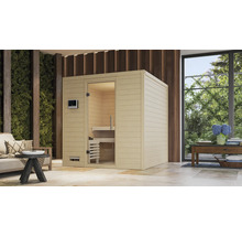 Massivholzsauna Karibu Wojave inkl. 9 kW Bio Ofen u.ext.Steuerung ohne Dachkranz mit Ganzglastüre aus Klarglas