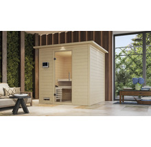 Massivholzsauna Karibu Wojave inkl. 9 kW Ofen u.integr.Steuerung mit Dachkranz und Ganzglastüre aus Klarglas