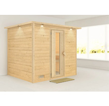 Massivholzsauna Karibu Coral ohne Ofen mit Dachkranz und Holztüre mit Isolierglas wärmegedämmt