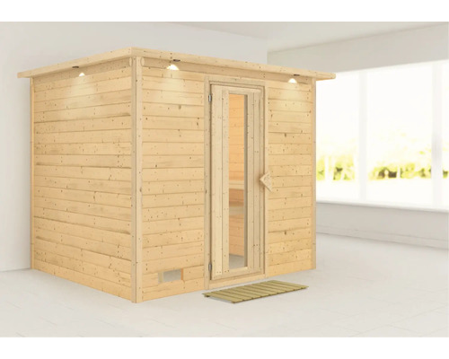 Saunas en madriers Karibu Coral sans poêle avec couronne et porte en bois avec verre isolé thermiquement