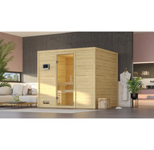 Massivholzsauna Karibu Monara inkl.9 kW Ofen u.integr.Steuerung ohne Dachkranz mit Ganzglastüre aus Klarglas
