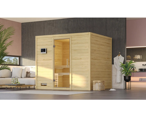 Sauna en bois massif Karibu Monara avec poêle bio de 9 kW et commande ext. sans couronne de toit avec porte tout en verre en verre transparent Sauna en bois massif Karibu Monara avec poêle bio de 9 kW et commande ext. sans couronne de toit avec porte tout en verre en verre transparent