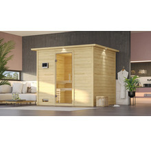 Massivholzsauna Karibu Coral inkl. 9 kW Bio Ofen u.ext.Steuerung mit Dachkranz und Ganzglastüre aus Klarglas