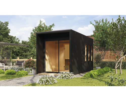 Chalet sauna Karibu Miramor avec poêle bio 9 kW et commande externe avec auvent et porte en bois avec verre à isolation thermique noir