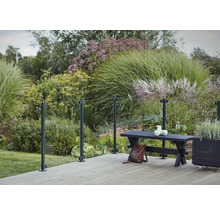 Scène de jardin avec garde-corps en verre, plancher en bois, banc et végétation luxuriante