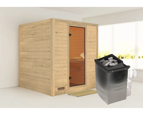 Sauna en bois massif Karibu Wojave avec poêle 9 kW et commande intégrée sans couronne avec porte entièrement vitrée couleur bronze