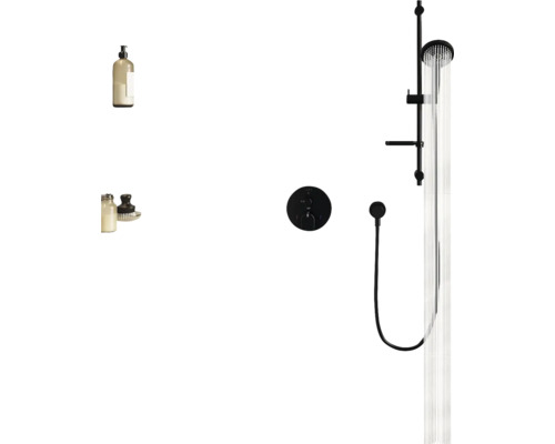 Douche avec pomme de tête, douchette à main et robinet thermostatique dans une salle de bain moderne