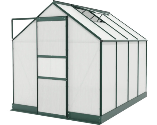 Gewächshaus mit geöffneter Tür und Dachfenster